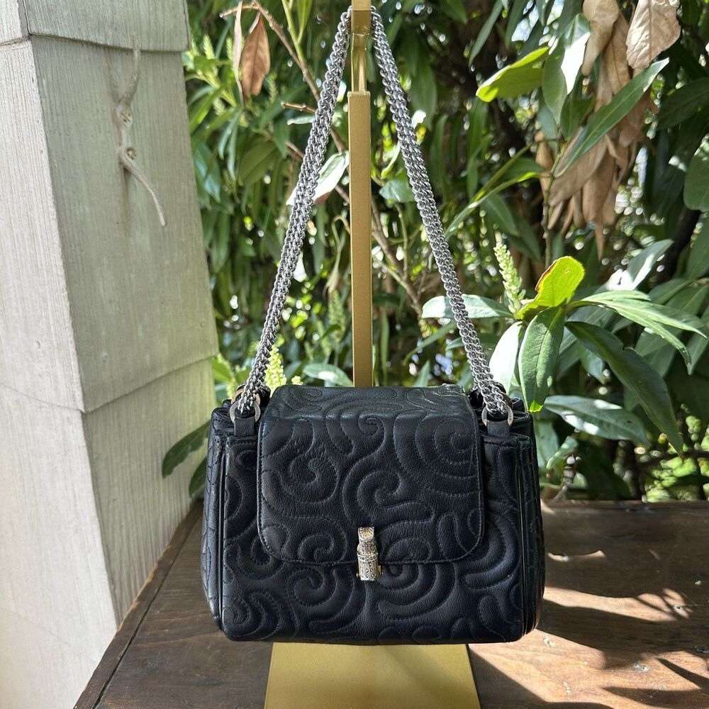 Vintage Quilted Leather Chain Bag Black Embossed Baroque Gold Clasp Art Deco